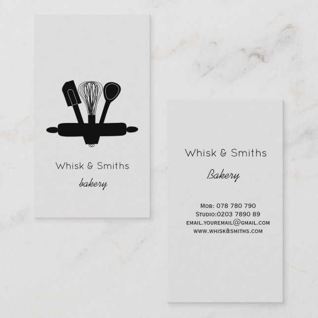 Simple Grey Whisk Bakery Chef Caterer Custom Business Card (Front/Back)