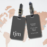 Simple Grey White Masculine Monogram Luggage Tag<br><div class="desc">Simple elegant customizable luggage tag design with grey background,  white bold monogram.</div>