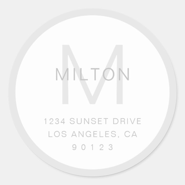 Simple Grey & White Monogram & Return Address Classic Round Sticker (Front)