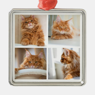 Simple Grid Collage 4 Four Photos White Metal Ornament