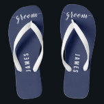 Simple Groom Navy Blue Wedding Party Flip Flops<br><div class="desc">Simple Groom navy blue wedding party flip flops with wide straps and customizable text - you can add Groom's name</div>
