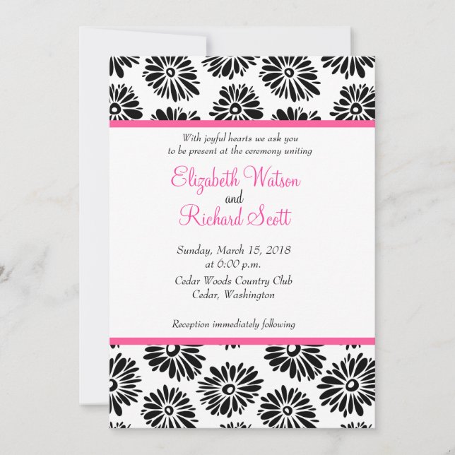Simple Groovy Black White Daisy Wedding Invitation (Front)