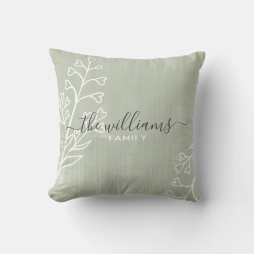 Simple Grunge Script Calligraphy Green Family Name Throw Pillow