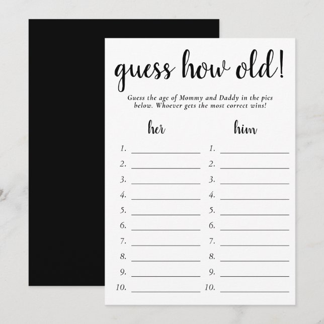 Simple Guess How Old | Black White Photo Game Card (Front/Back)