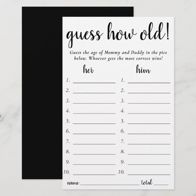 Simple Guess How Old | Black White Photo Game Card (Front/Back)