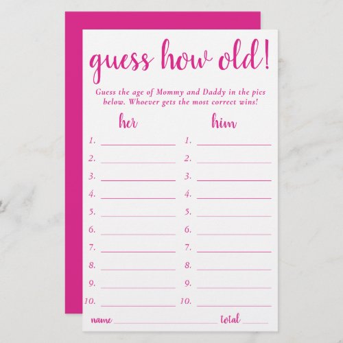 Simple Guess How Old  Hot Pink Photo Game Card