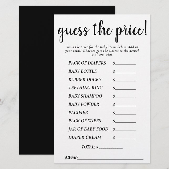 Simple Guess Prices | Black Shower Game Card (Front/Back)