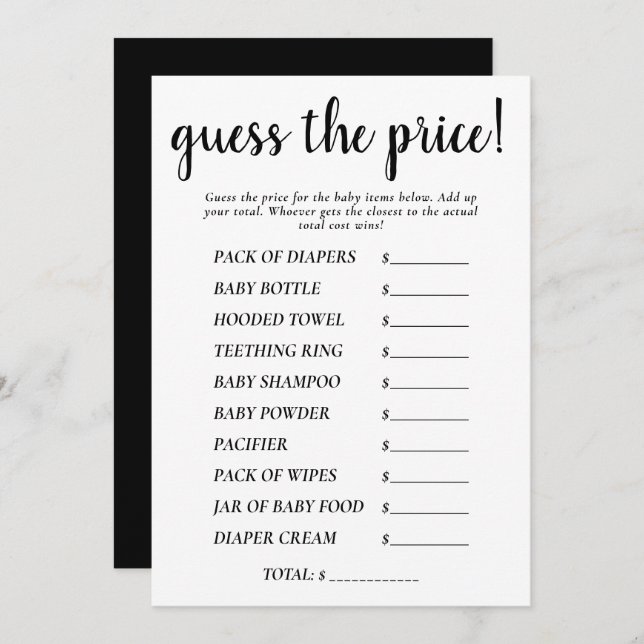Simple Guess Prices | Black Shower Game Card (Front/Back)