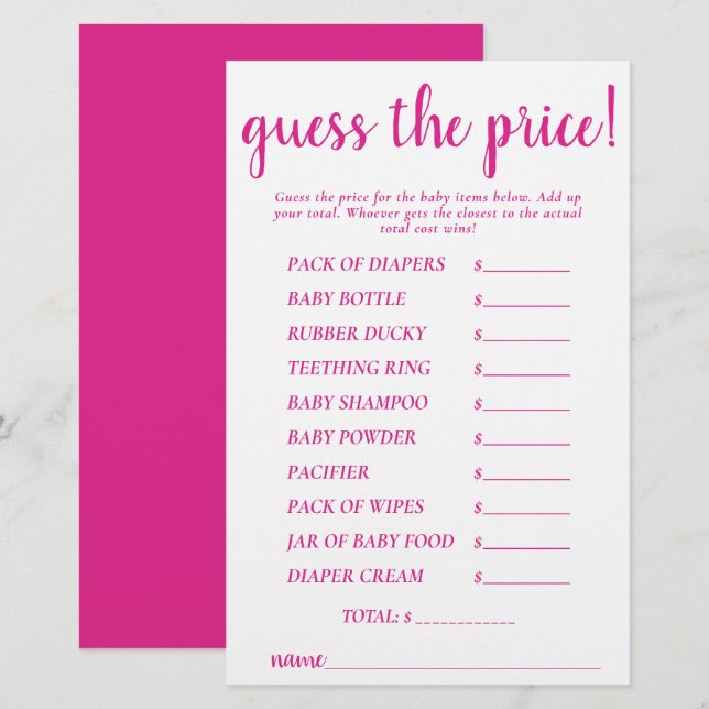 Simple Guess Prices | Hot Pink Shower Game Card (Front/Back)