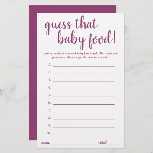Simple Guess the Baby Food  Berry Pink Game Card