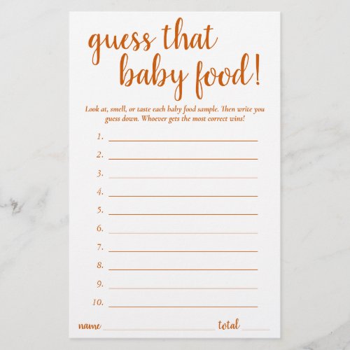 Simple Guess the Baby Food  Fall Orange Game Card