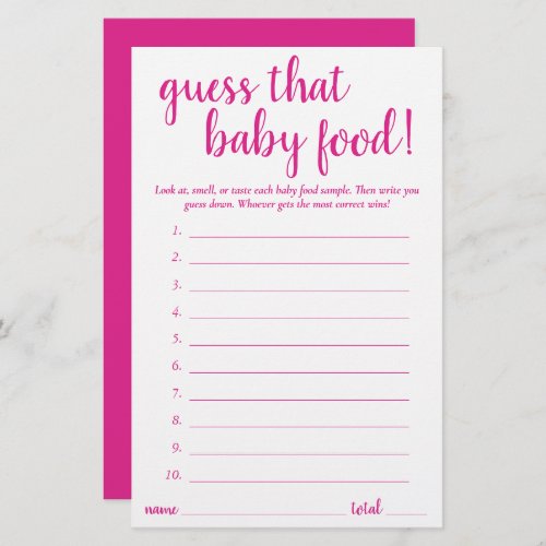 Simple Guess the Baby Food  Hot Pink Game Card