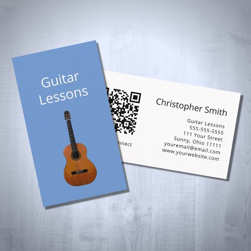 Simple Guitar Lessons QR code Music Teacher Blue Business Card