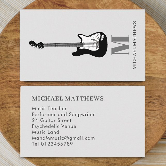 Simple Guitar Music Teacher Professional Musician  Business Card (Modern Minimalist Guitar Music Teacher Musician Business card Monogram name initials electric guitar)