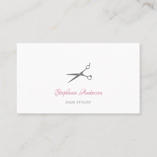 Simple Hair Stylist Gray Scissors With Pink Script Business Card (Front)