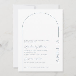 Simple half arch cross blue christening invitation
