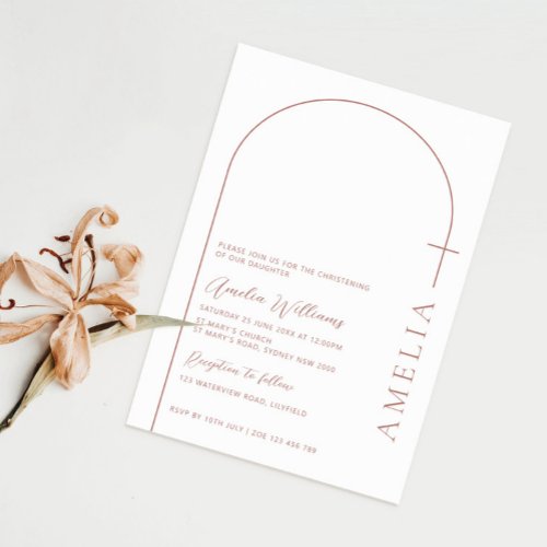 Simple half arch cross rose christening invitation