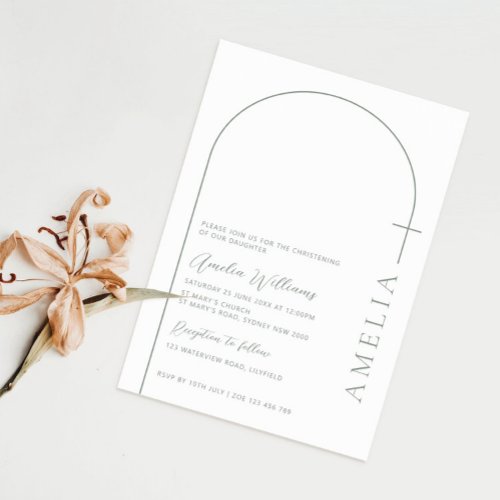 Simple half arch cross sage christening invitation