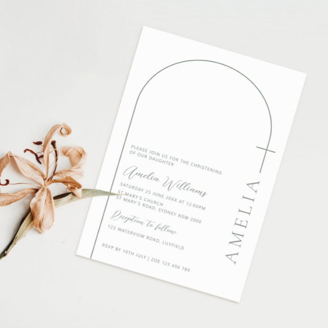 Simple half arch cross sage christening invitation (Creator Uploaded)