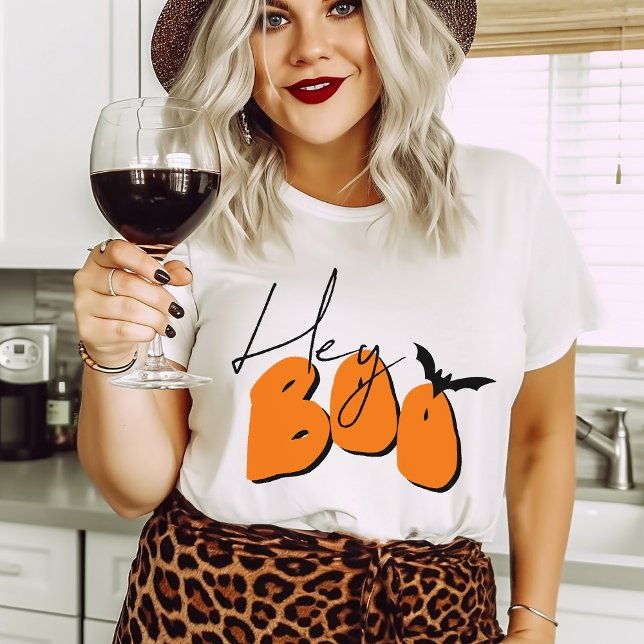 Simple Halloween Hey Boo Orange Bat Funny Quote T-Shirt (Funny Hey Boo and bat hand drawn block letter typography Halloween design by Malissa Melrose)
