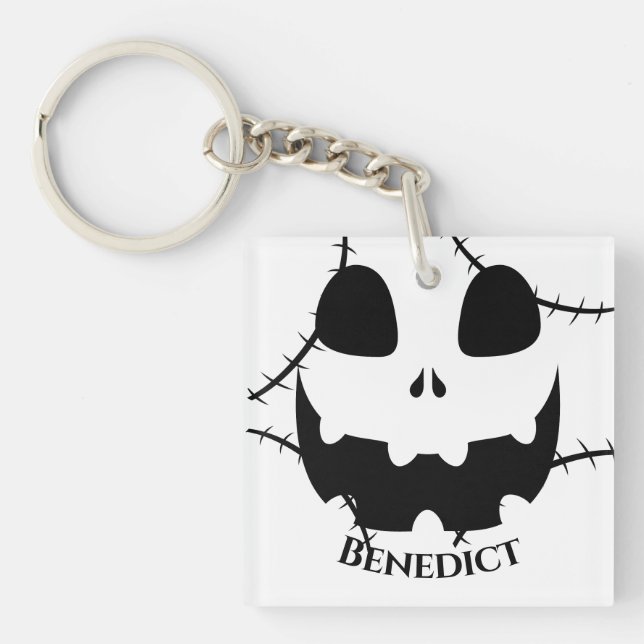 Simple Halloween jack-o-lantern pumpkin face Name Keychain (Front)
