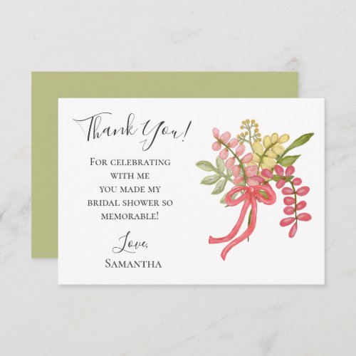 Simple Hand Drawn Bow Flowers Bridal Shower Green Thank You Card
