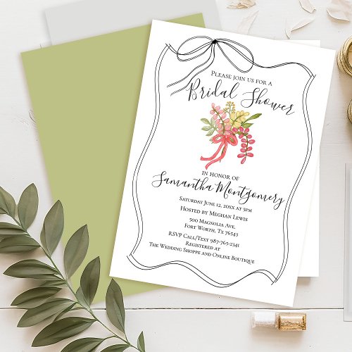 Simple Hand Drawn Bow Green Bridal Shower Bouquet Invitation