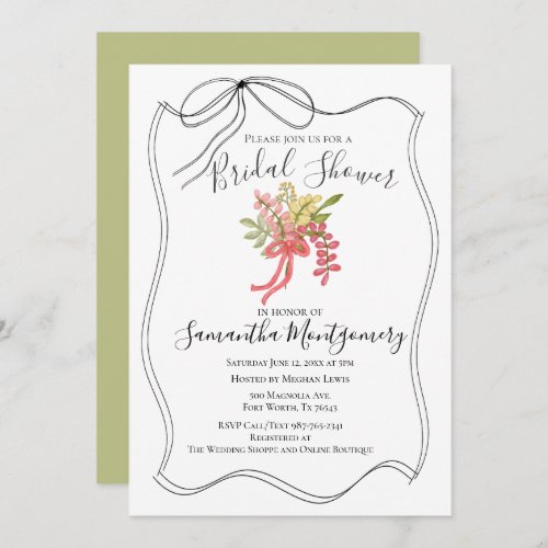 Simple Hand Drawn Bow Green Bridal Shower Bouquet Invitation