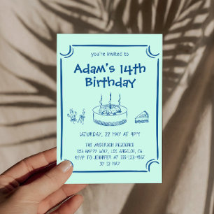Simple Hand-Drawn Cake 14th Birthday Party Invitation
