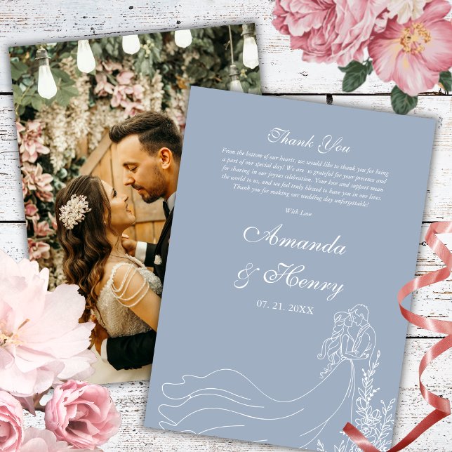 Simple Hand Drawn Couple Photo Dusty Blue Wedding Thank You Card (Creator Uploaded)