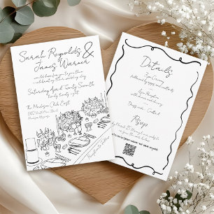 Simple Hand Drawn Floral Black White Table Wedding Invitation