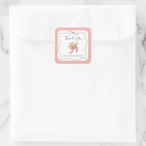 Simple Hand Drawn Floral Bow Pink Bridal Shower Square Sticker