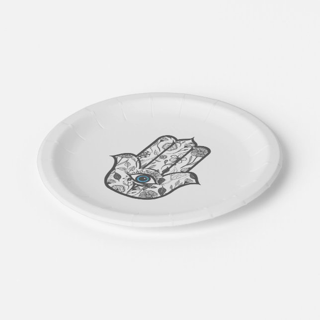 Simple Hand Drawn Floral Hamsa Hand Paper Plates (Angled)