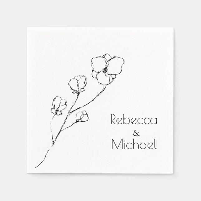 Simple Hand- Drawn Floral  Outlined Wedding Name Napkins (Front)