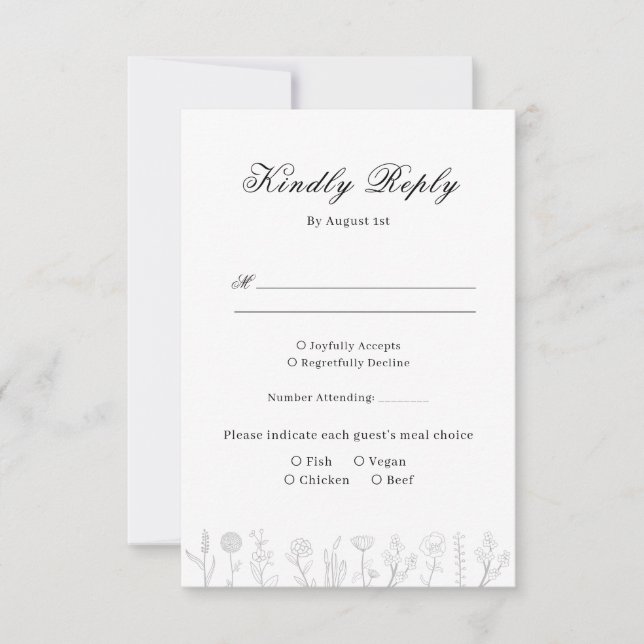 Simple Hand Drawn Flower Photo Wedding RSVP Card (Front)