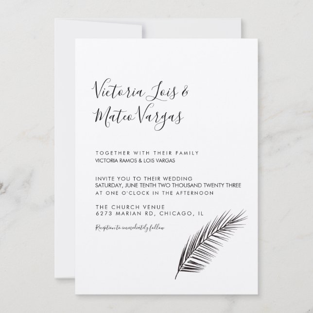 Simple Hand Drawn Palm Tree Leaf Wedding Invitation (Front)