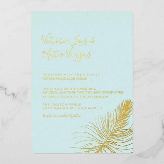 Simple Hand Drawn Palm Tree Tropical Wedding Beach Foil Invitation (Front)