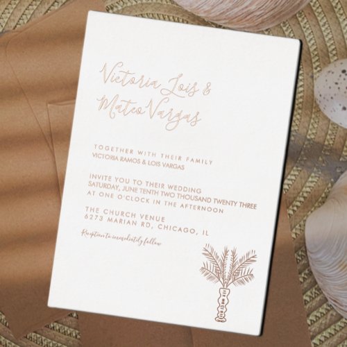 Simple Hand Drawn Palm Tree Tropical Wedding Foil Invitation