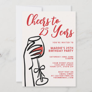 Simple Hand Drawn Red Wine 25th Birthday Invitation
