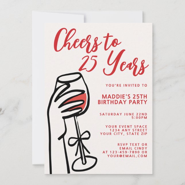 Simple Hand Drawn Red Wine 25th Birthday Invitation (Front)