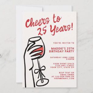 Simple Hand Drawn Red Wine 25th Birthday Invitation