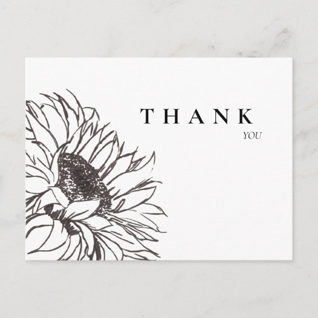 Simple Hand-Drawn Sunflower B/W Funeral Thank You Postcard (Front)