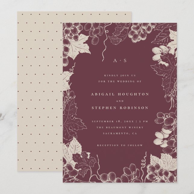 Simple Hand-drawn Vineyard Burgundy Cream Wedding Invitation (Front/Back)