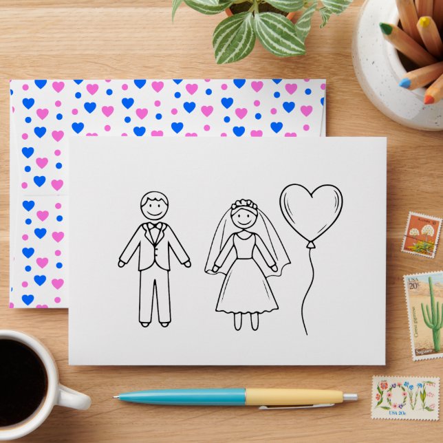 Simple Hand-Drawn Wedding Couple Stick Figure  Envelope (Desk)
