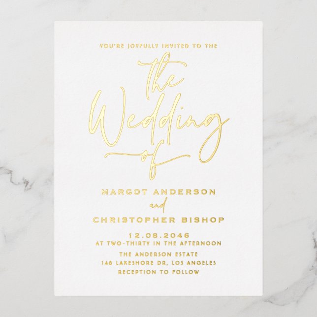 Simple Hand Lettered Calligraphy Wedding Foil Invitation Postcard (Front)