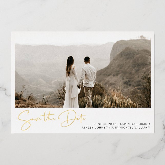 Simple Hand Lettered Script 3 Photo Save the Date Foil Invitation (Front)