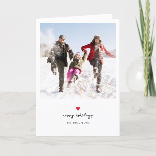 Simple Hand Lettered Script Red Heart Photo Holiday Card