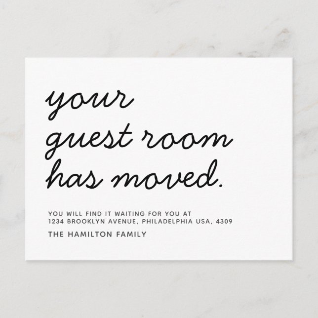Simple Hand Lettering Your Guest Room Has Moved Announcement Postcard (Front)