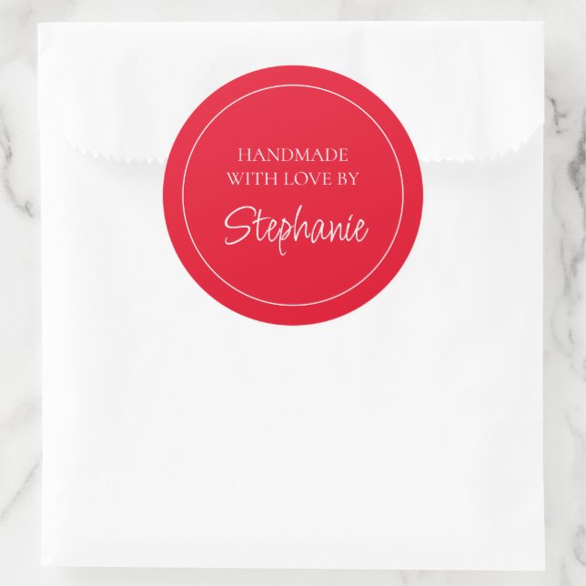 Simple Handmade with Love Name Red Classic Round Sticker (Bag)