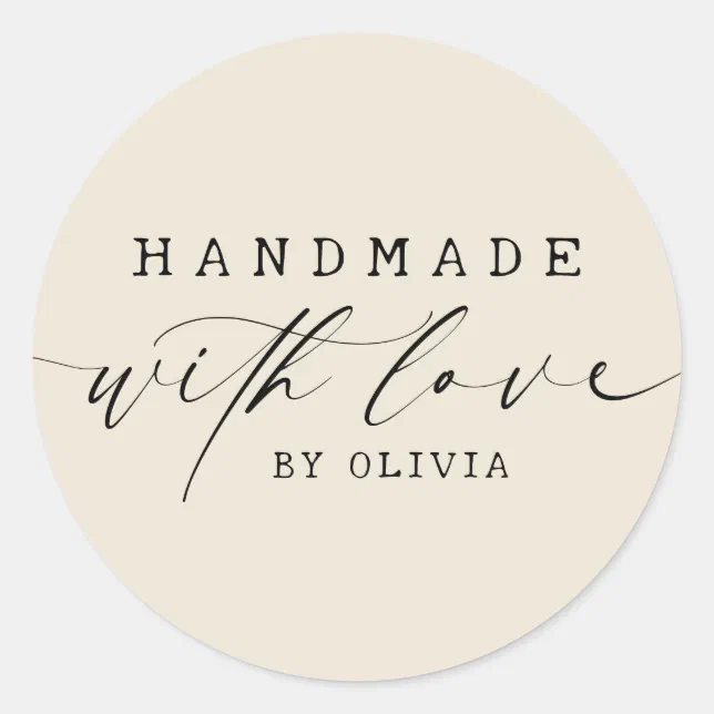Simple Handmade with Love Script Business | ECRU Classic Round Sticker | Zazzle
